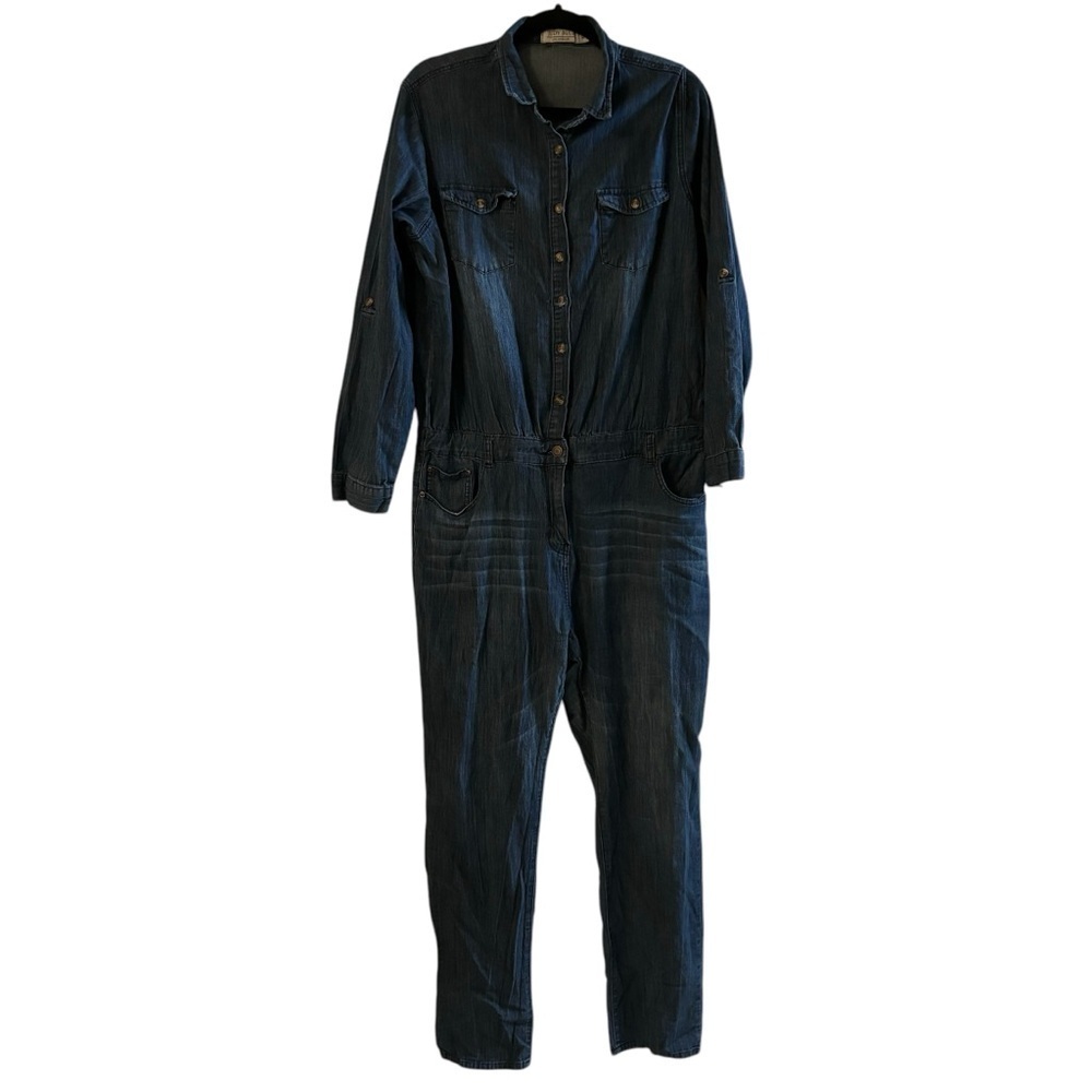 Judy Blue Blue Denim Long Roll Tab Sleeve Straight Leg Jumpsuit Size 3XL